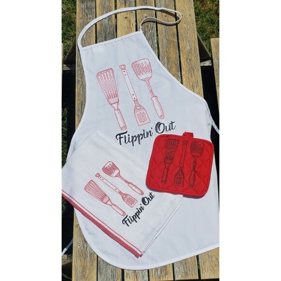 Flippin Out BBQ Grilling Father's Day Apron Kitchen Set Towel Pot Holder - Picture 1 of 1